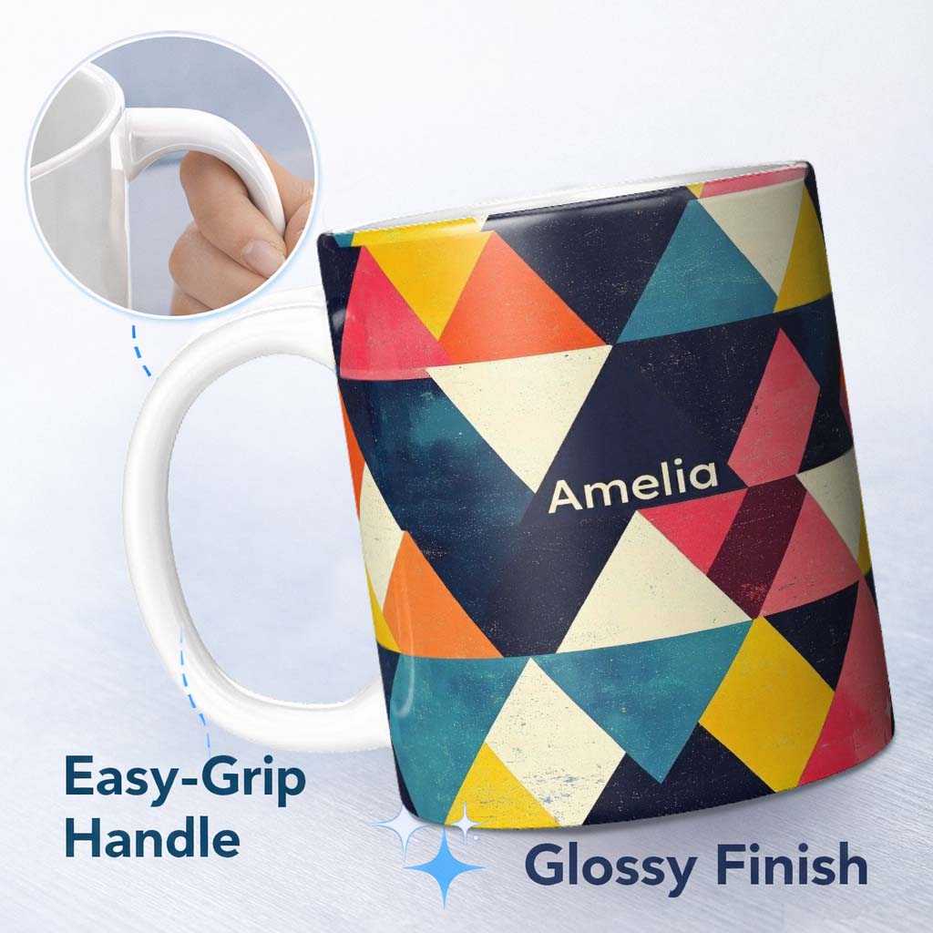 Personalized Custom Name Abstract Colorful Triangle Mosaic Geometric Seamless Pattern Name 11oz Ceramic Coffee Tea Mug White Large Handle
