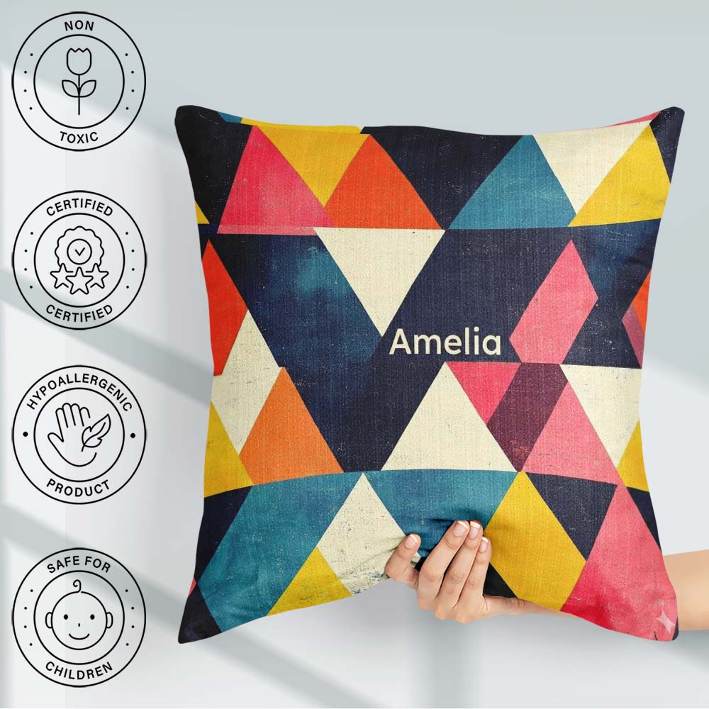 Custom Name Abstract Colorful Triangle Mosaic Geometric Seamless Square Filled Cushion Throw Pillow Sofa Bed Home Decor Zip Washable UK Made