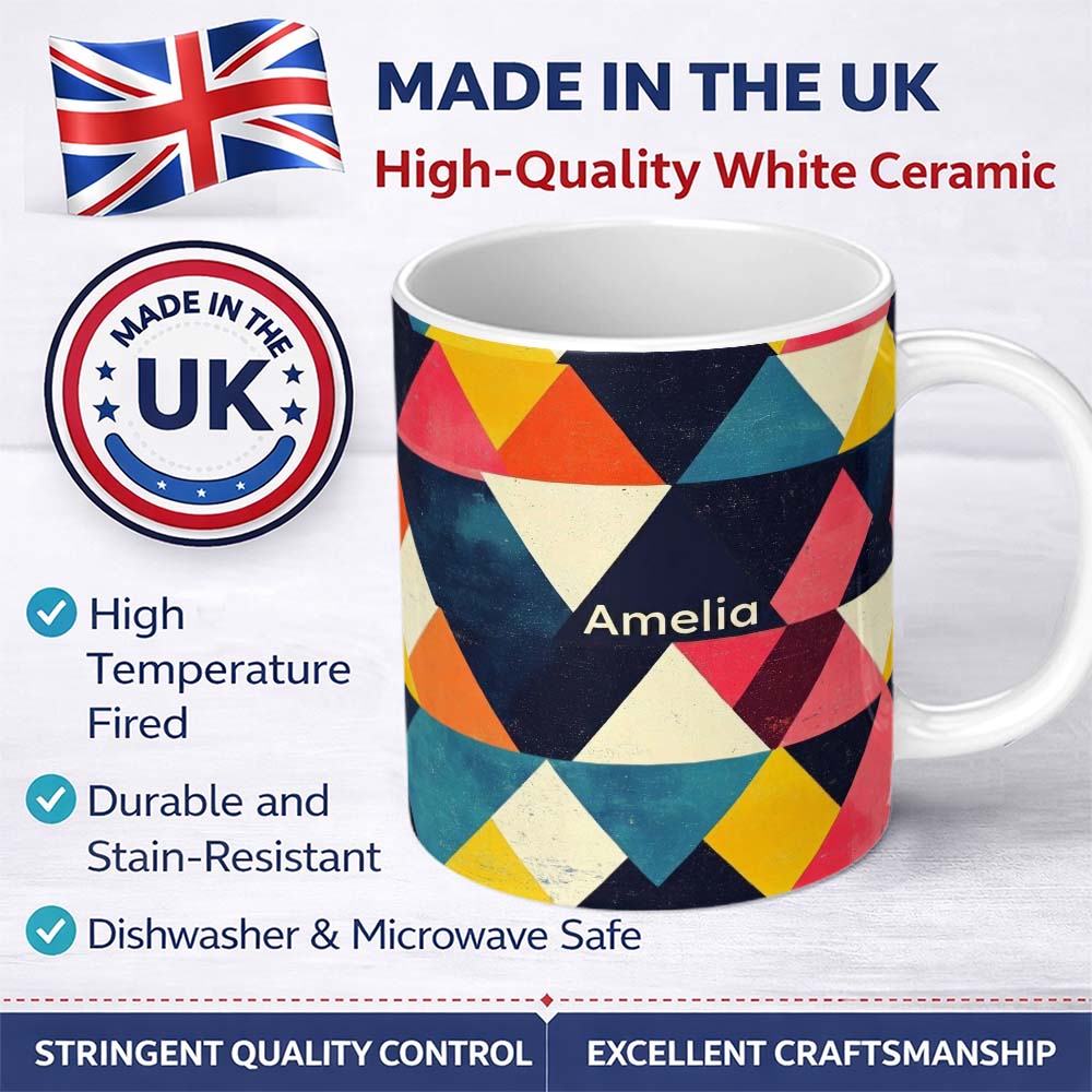 Personalized Custom Name Abstract Colorful Triangle Mosaic Geometric Seamless Pattern Name 11oz Ceramic Coffee Tea Mug White Large Handle