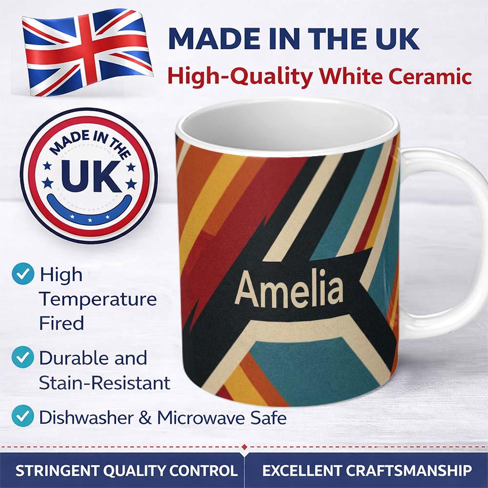 Personalized Custom Name Abstract Layered Geometric Stripes Color Seamless Pattern Custom 11oz Ceramic Coffee Tea Mug White Large Handle