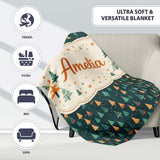 Christmas Tree Festive Pattern Dark Teal Background Seamless Pattern  Personalised Custom Name Super Soft Fleece Blanket Bed Sofa Throw