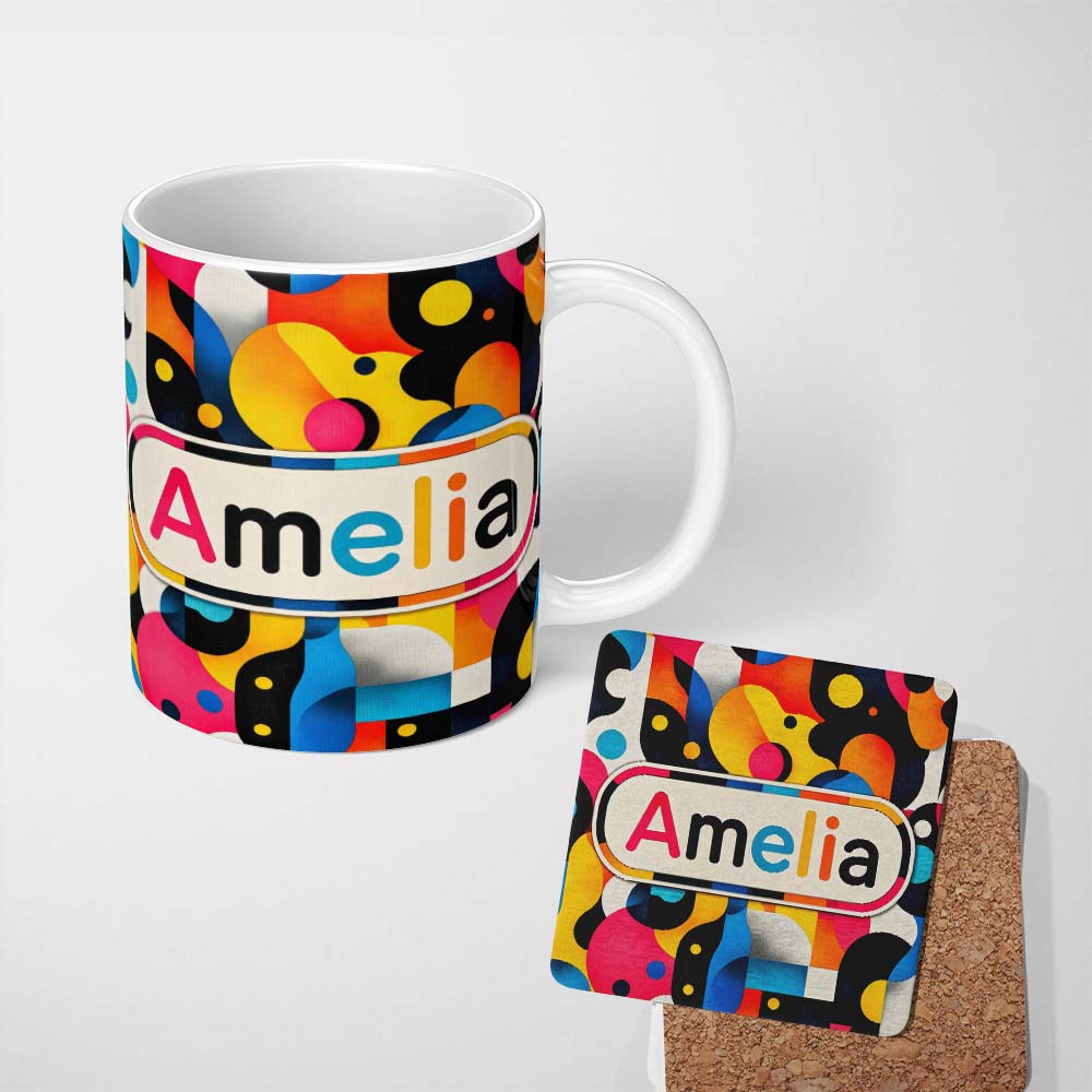 Personalized Custom Name Abstract Organic Fluid Shapes Vibrant Seamless Pattern Name Cute 11oz Ceramic Coffee Tea Mug White Large Handle