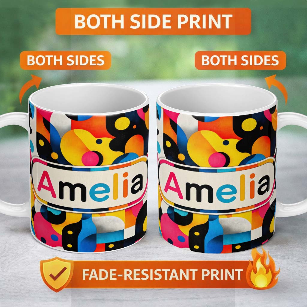 Personalized Custom Name Abstract Organic Fluid Shapes Vibrant Seamless Pattern Name Cute 11oz Ceramic Coffee Tea Mug White Large Handle