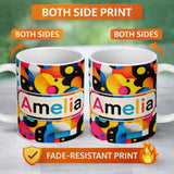 Personalized Custom Name Abstract Organic Fluid Shapes Vibrant Seamless Pattern Name Cute 11oz Ceramic Coffee Tea Mug White Large Handle
