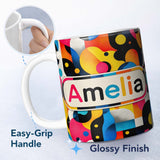 Personalized Custom Name Abstract Organic Fluid Shapes Vibrant Seamless Pattern Name Cute 11oz Ceramic Coffee Tea Mug White Large Handle