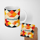 Personalized Custom Name Abstract Soft Diamond Patchwork Geometric Seamless Pattern Name Cute 11oz Ceramic Coffee Tea Mug White Large Handle