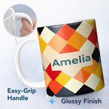 Personalized Custom Name Abstract Soft Diamond Patchwork Geometric Seamless Pattern Name Cute 11oz Ceramic Coffee Tea Mug White Large Handle