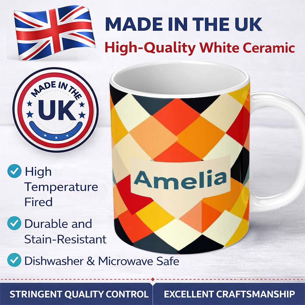 Personalized Custom Name Abstract Soft Diamond Patchwork Geometric Seamless Pattern Name Cute 11oz Ceramic Coffee Tea Mug White Large Handle