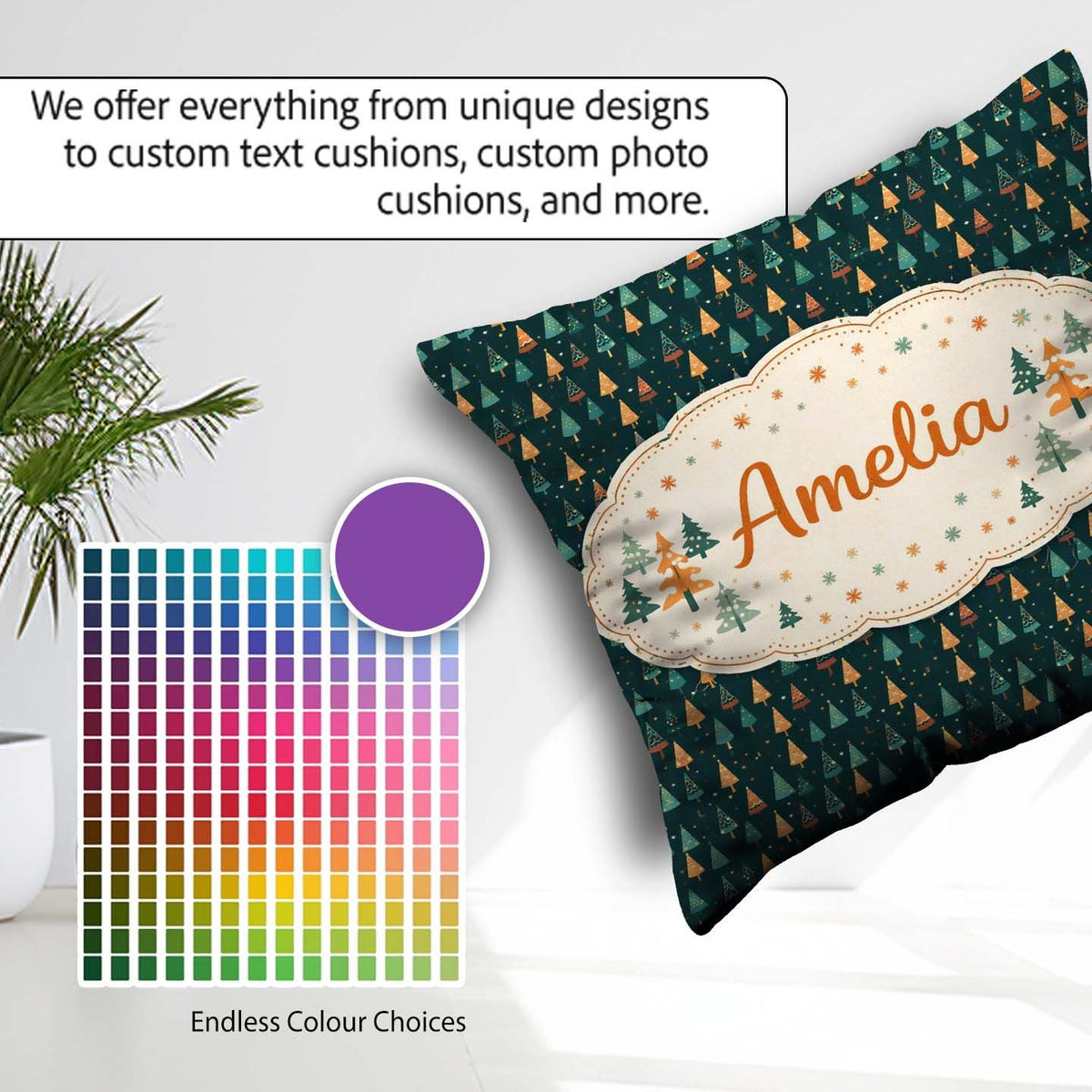 Custom Name Christmas Tree Festive Dark Teal Background Seamless Square Filled Cushion Throw Pillow Sofa Bed Home Decor Zip Washable UK Made