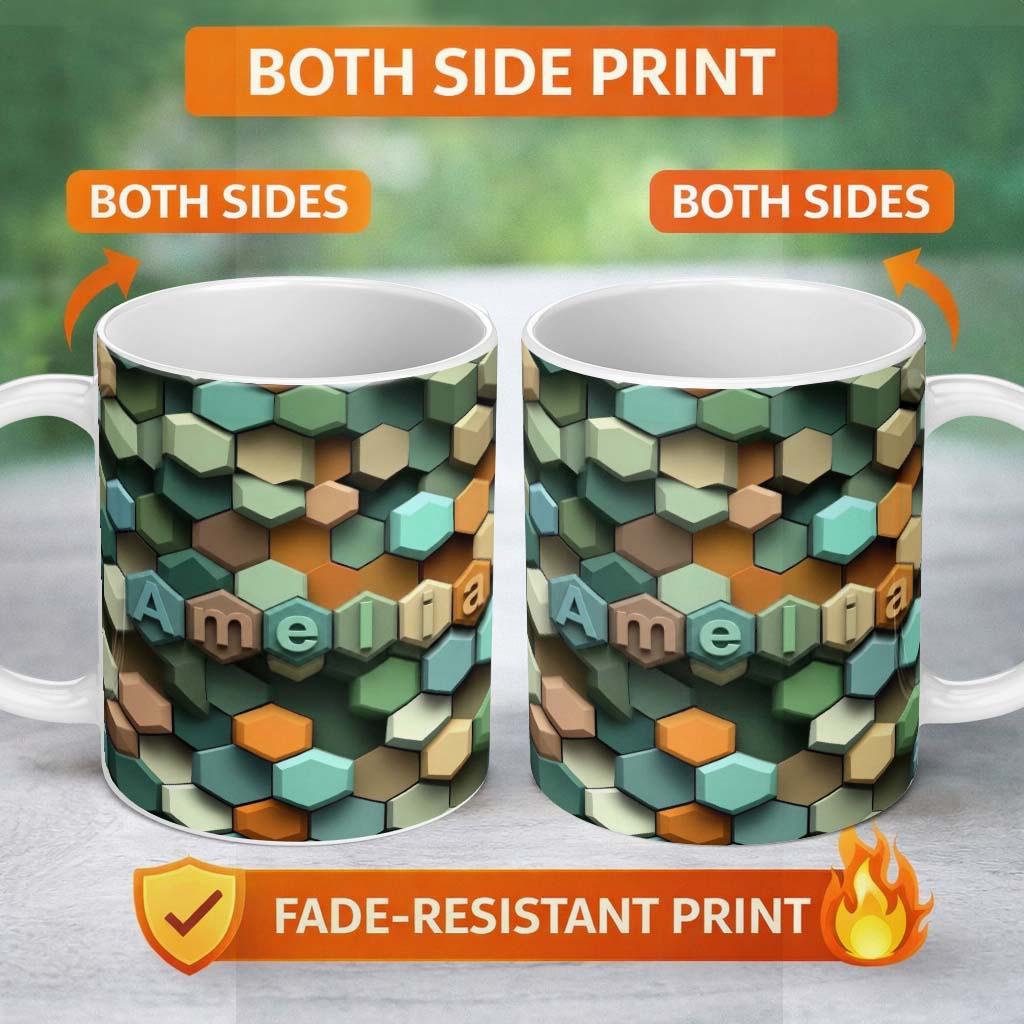 Personalized Custom Name Abstract 3D Hexagon Mosaic Modern Geometric Seamless Pattern Name 11oz Ceramic Coffee Tea Mug White Large Handle