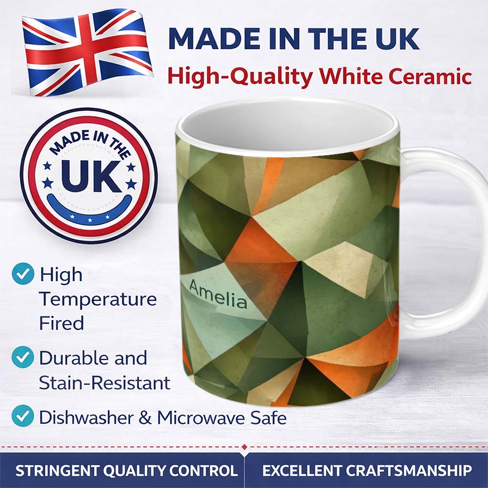 Personalized Custom Name Abstract Faceted Polygon Earth Tone Seamless Pattern Name Cute 11oz Ceramic Coffee Tea Mug White Large Handle