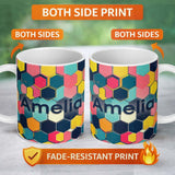 Personalized Custom Name Abstract Colorful Hexagon Tile Geometric Seamless Pattern Custom 11oz Ceramic Coffee Tea Mug White Large Handle