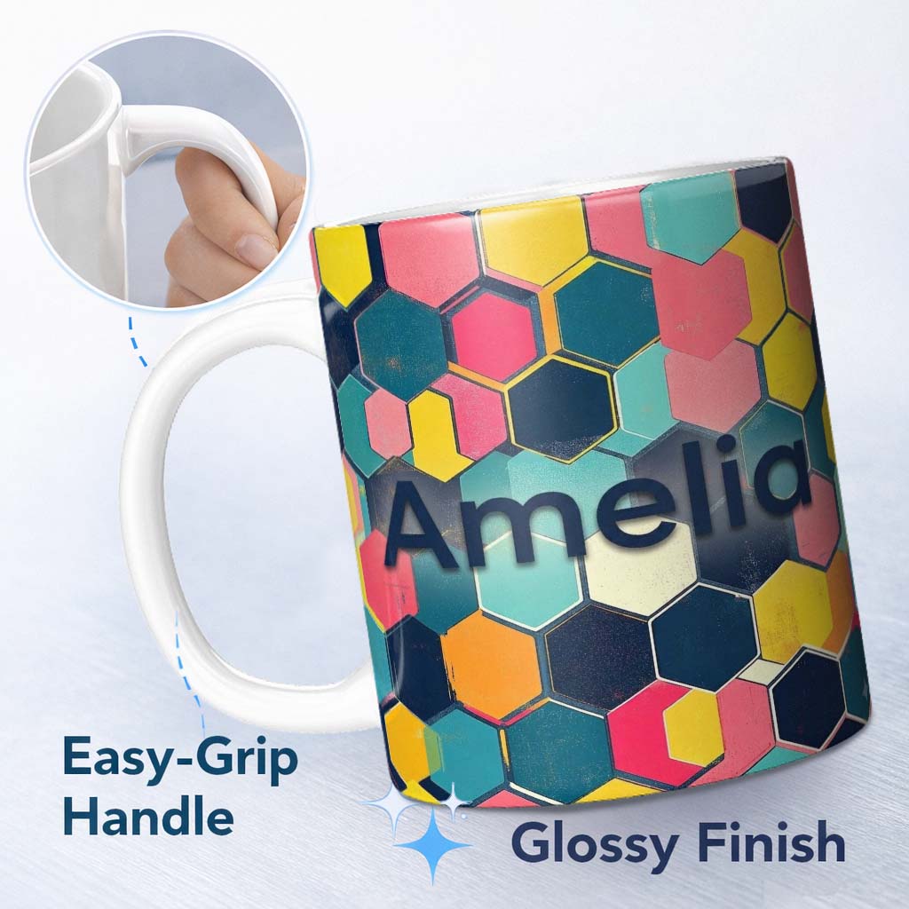 Personalized Custom Name Abstract Colorful Hexagon Tile Geometric Seamless Pattern Custom 11oz Ceramic Coffee Tea Mug White Large Handle