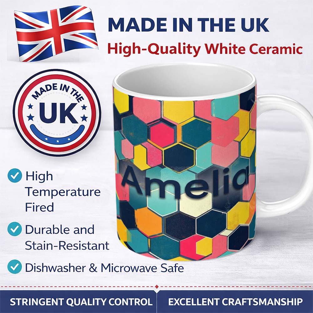 Personalized Custom Name Abstract Colorful Hexagon Tile Geometric Seamless Pattern Custom 11oz Ceramic Coffee Tea Mug White Large Handle
