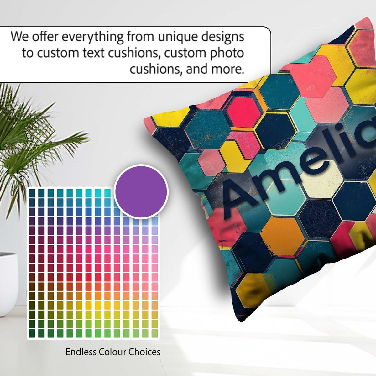 Custom Name Abstract Colorful Hexagon Geometric Seamless Pattern Square Filled Cushion Throw Pillow Sofa Bed Home Decor Zip Washable UK Made