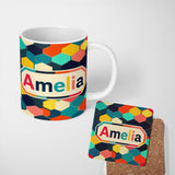 Personalized Custom Name Abstract Multicolor Hexagon Honeycomb Seamless Pattern Name Cute 11oz Ceramic Coffee Tea Mug White Large Handle