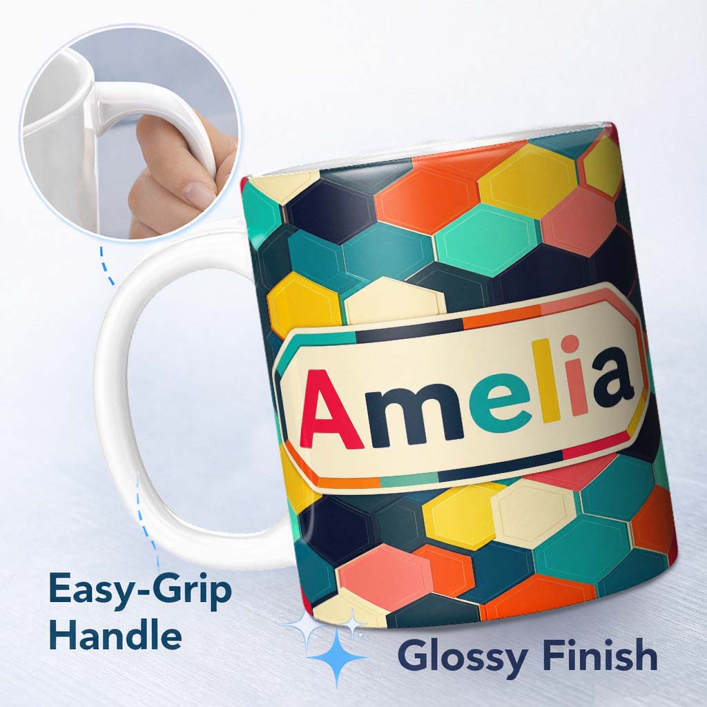 Personalized Custom Name Abstract Multicolor Hexagon Honeycomb Seamless Pattern Name Cute 11oz Ceramic Coffee Tea Mug White Large Handle