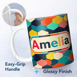 Personalized Custom Name Abstract Multicolor Hexagon Honeycomb Seamless Pattern Name Cute 11oz Ceramic Coffee Tea Mug White Large Handle