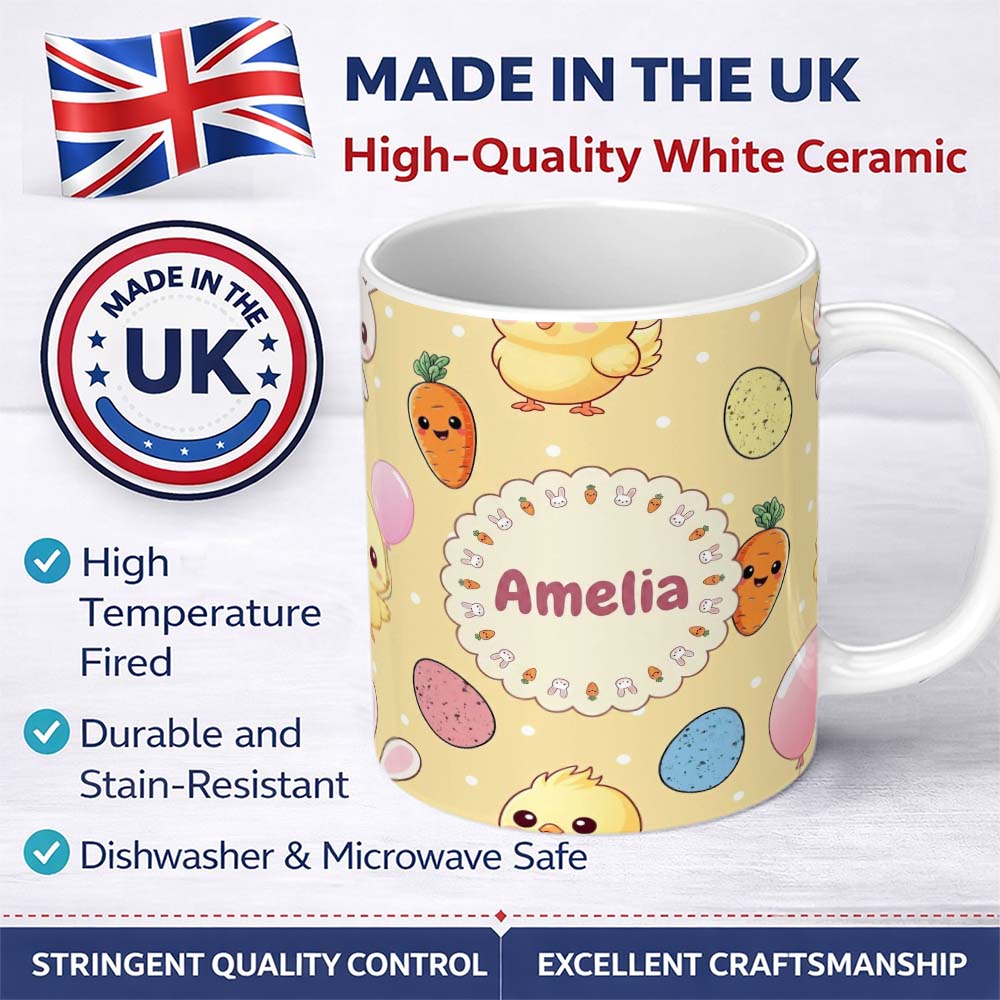 Personalized Custom Name Cute Easter Bunny Chick Carrots Eggs Polka Dot Pastel Yellow Lovely 11oz Ceramic Coffee Tea Mug White Large Handle