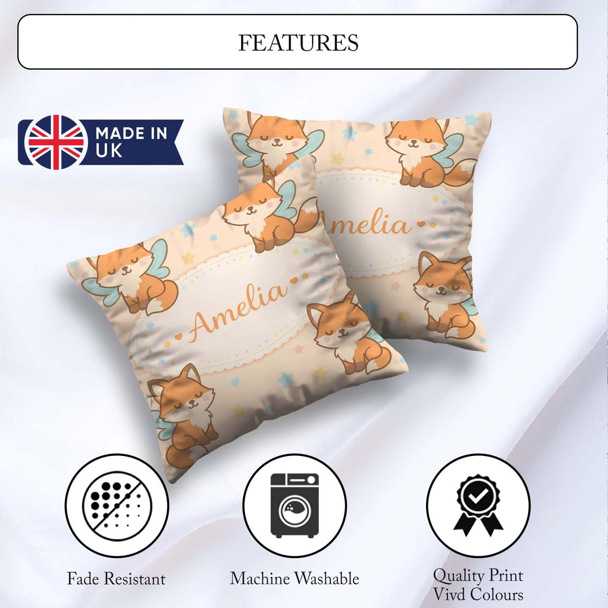 Custom Name Cute Fairy Fox Cartoon Animal Pattern Cute Unique Square Filled Cushion Throw Pillow Sofa Bed Home Decor Zip Washable UK Made