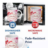 Personalized Custom Name Watercolor Red and Pink Ribbon Bow Pink Gingham Check Background 11oz Ceramic Coffee Tea Mug White Large Handle