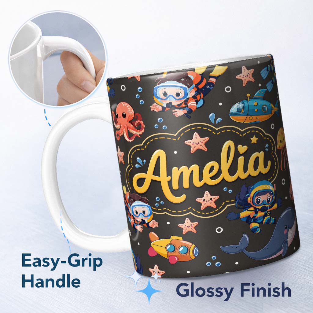 Personalized Custom Name Underwater with Scuba Divers Starfish and Whale on Dark Charcoal 11oz Ceramic Coffee Tea Mug White Large Handle