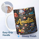 Personalized Custom Name Underwater with Scuba Divers Starfish and Whale on Dark Charcoal 11oz Ceramic Coffee Tea Mug White Large Handle