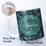 Personalized Custom Name Blue Green Square Tile Mosaic Texture Seamless Pattern Lovely 11oz Ceramic Coffee Tea Mug White Large Handle