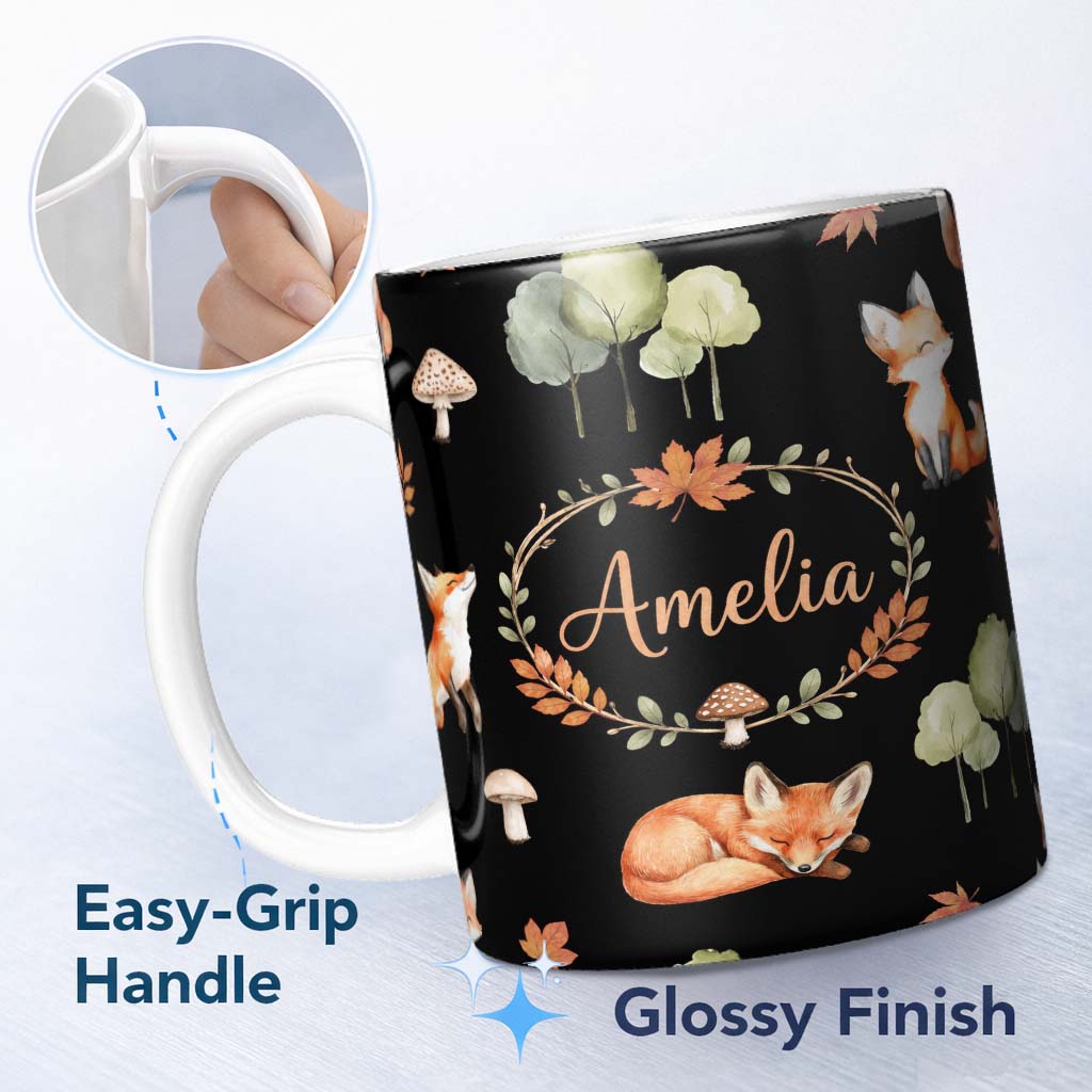 Personalized Custom Name Watercolor Woodland Fox Mushroom Autumn Seamless Pattern on White 11oz Ceramic Coffee Tea Mug White Large Handle