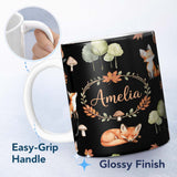 Personalized Custom Name Watercolor Woodland Fox Mushroom Autumn Seamless Pattern on White 11oz Ceramic Coffee Tea Mug White Large Handle