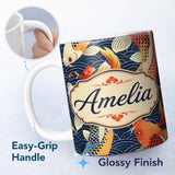Personalized Custom Name Decorative Koi Fish with Geometric Wave Background Pattern Asian 11oz Ceramic Coffee Tea Mug White Large Handle