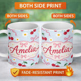 Personalized Custom Name Cute Cherry and Daisy Flowers with Pink Ribbon Bows Soft Blue Lovely 11oz Ceramic Coffee Tea Mug White Large Handle