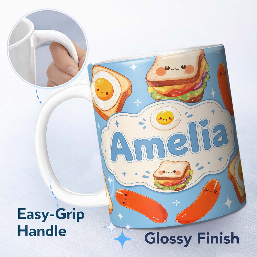 Personalized Custom Name Kawaii Breakfast Eggs Sausage and Sandwich Blue Seamless Pattern 11oz Ceramic Coffee Tea Mug White Large Handle