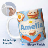 Personalized Custom Name Kawaii Breakfast Eggs Sausage and Sandwich Blue Seamless Pattern 11oz Ceramic Coffee Tea Mug White Large Handle