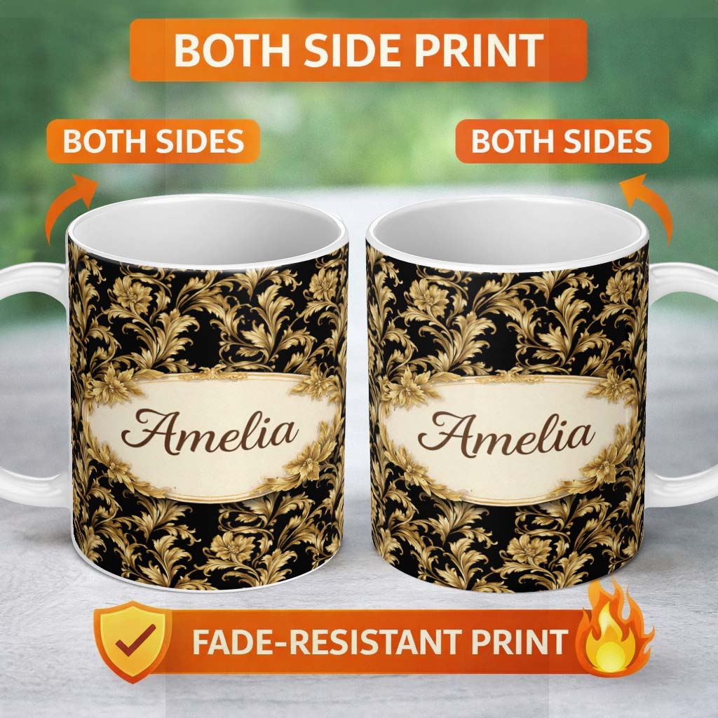 Personalized Custom Name Rich Gold Black Floral Baroque Seamless Luxury Vintage Ornamental 11oz Ceramic Coffee Tea Mug White Large Handle