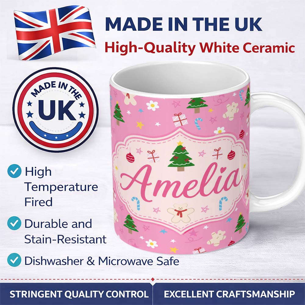 Personalized Custom Name Cute Christmas Tree Gingerbread Cookie Candy Cane Seamless Pattern 11oz Ceramic Coffee Tea Mug White Large Handle