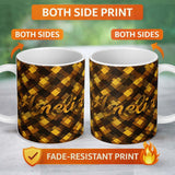 Personalized Custom Name Brown Gold Geometric Square Abstract Seamless Pattern Lovely 11oz Ceramic Coffee Tea Mug White Large Handle