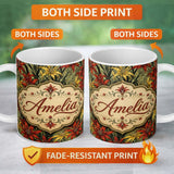 Personalized Custom Name Tropical Red Yellow Exotic Flowers Jungle Seamless Pattern Lovely 11oz Ceramic Coffee Tea Mug White Large Handle