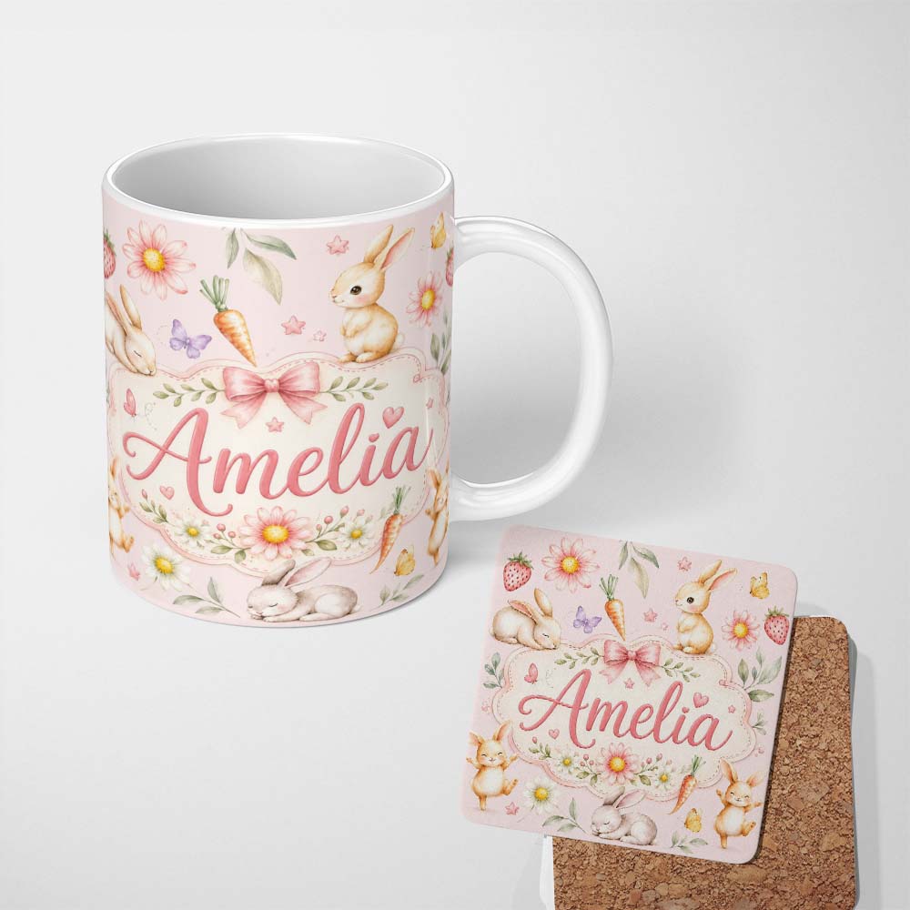 Personalized Custom Name Cute Bunny Rabbits with Flowers Carrots and Butterflies Blush Pink 11oz Ceramic Coffee Tea Mug White Large Handle
