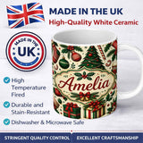 Personalized Custom Name Classic Christmas Tree Gift Holly Berry Festive Seamless Pattern 11oz Ceramic Coffee Tea Mug White Large Handle