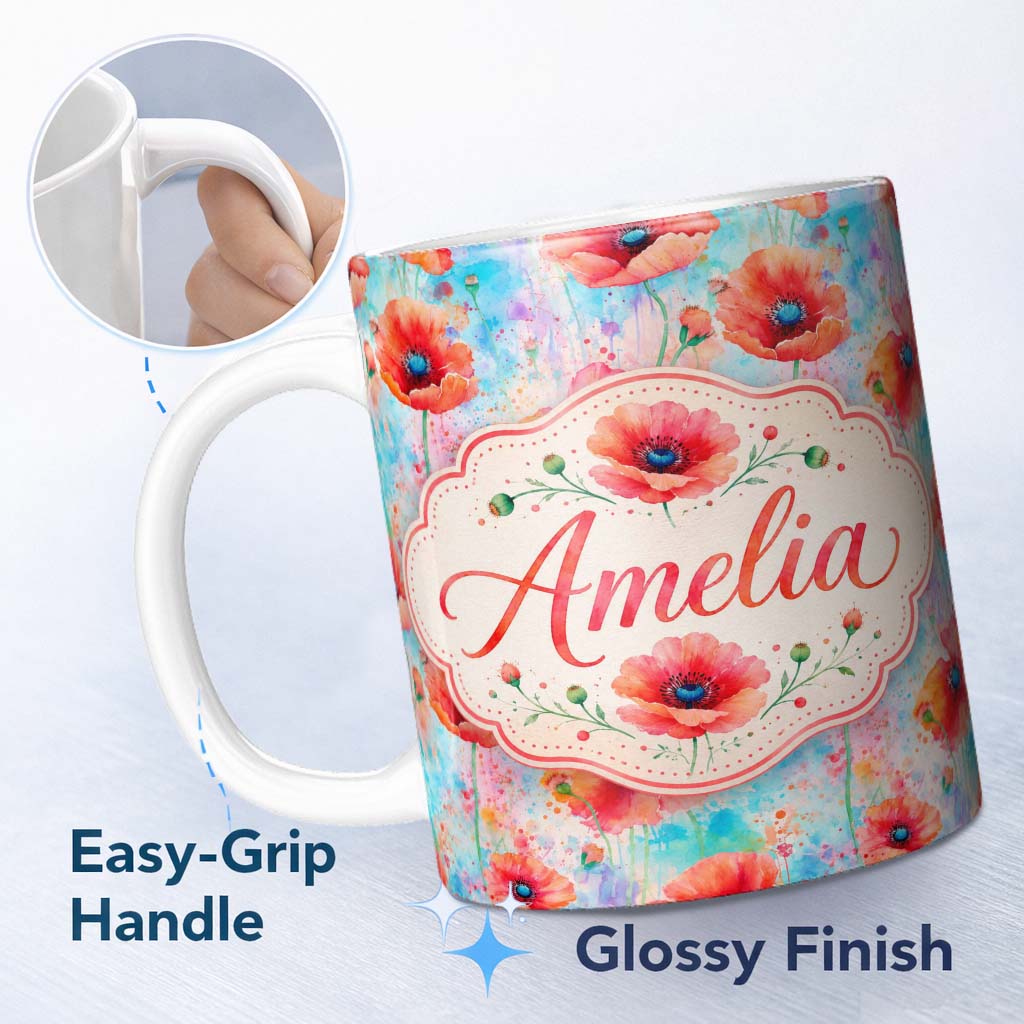 Personalized Custom Name Bright Poppy Flowers on Soft Blue Watercolor Background Seamless 11oz Ceramic Coffee Tea Mug White Large Handle