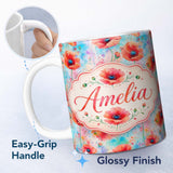 Personalized Custom Name Bright Poppy Flowers on Soft Blue Watercolor Background Seamless 11oz Ceramic Coffee Tea Mug White Large Handle