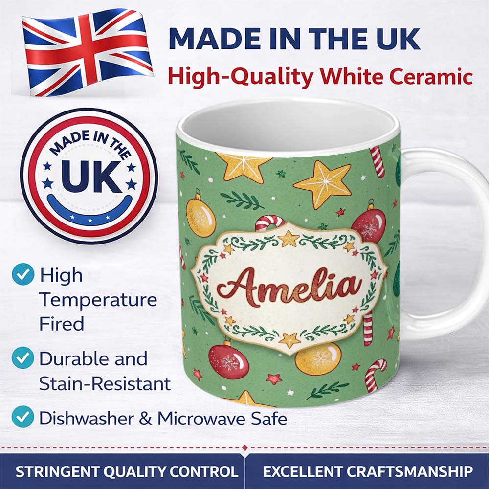 Personalized Custom Name Christmas Candy Cane Baubles Stars Green Festive Seamless Pattern 11oz Ceramic Coffee Tea Mug White Large Handle
