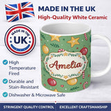 Personalized Custom Name Christmas Candy Cane Baubles Stars Green Festive Seamless Pattern 11oz Ceramic Coffee Tea Mug White Large Handle