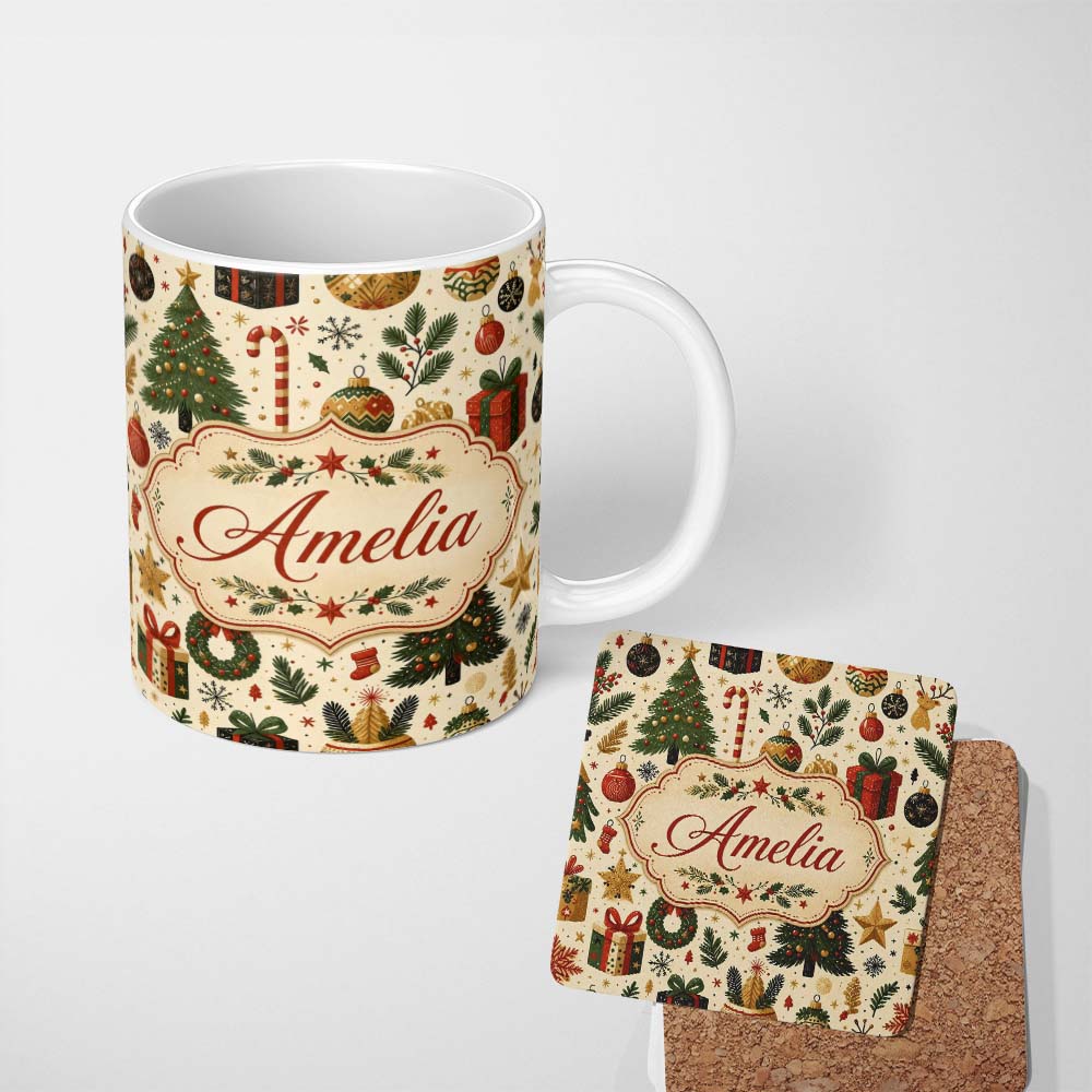 Personalized Custom Name Vintage Christmas Trees Gifts Baubles Candy Cane Festive Seamless 11oz Ceramic Coffee Tea Mug White Large Handle