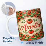 Personalized Custom Name Glossy Red Tomato Clusters with Deep Green Leaves Seamless Pattern 11oz Ceramic Coffee Tea Mug White Large Handle