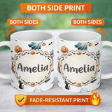 Personalized Custom Name Halloween Zombie Mummy Vampire and Bat Characters Grey Background 11oz Ceramic Coffee Tea Mug White Large Handle