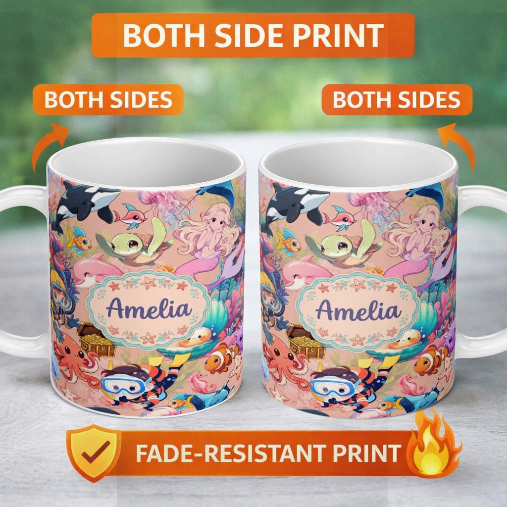 Personalized Custom Name Cute Underwater Ocean Scene Mermaid Dolphin Turtle Treasure Peach 11oz Ceramic Coffee Tea Mug White Large Handle