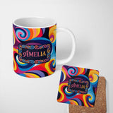 Personalized Custom Name Abstract Spiral Swirl Psychedelic Seamless Pattern Name Cute Unique 11oz Ceramic Coffee Tea Mug White Large Handle