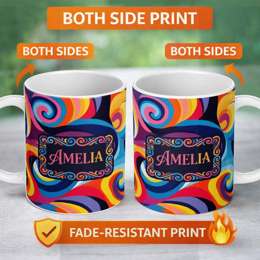 Personalized Custom Name Abstract Spiral Swirl Psychedelic Seamless Pattern Name Cute Unique 11oz Ceramic Coffee Tea Mug White Large Handle